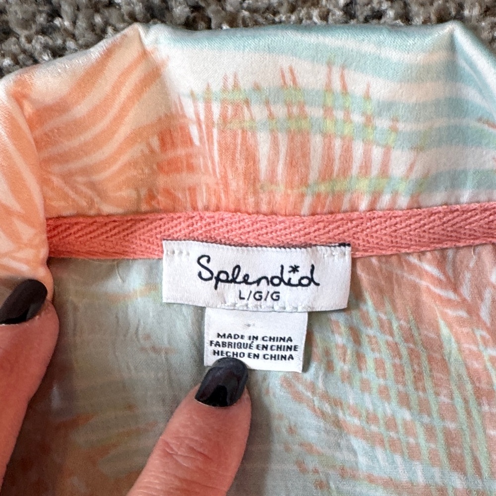 Splendid Two-Piece Palm Print Pajama Set in Coral and Light Blue - Picture 2 of 4